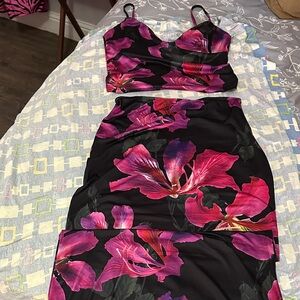 Black Two-Piece Floral Crop Top and Midi Skirt Set - Fuchsia Floral